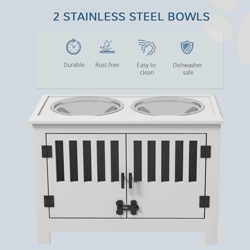 PawHut Raised Dog Bowls for Large Dogs, Pet Feeding Station, Doors with Latch, Storage Cabinet, Two Stainless Steel Bowls - White