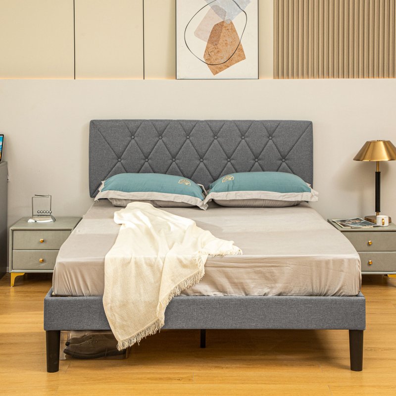 HOMCOM King Size Bed Frame with 5-Level Adjustable Linen Upholstered Headboard, Wooden Slats Mattress Foundation, No Box Spring Needed, Grey