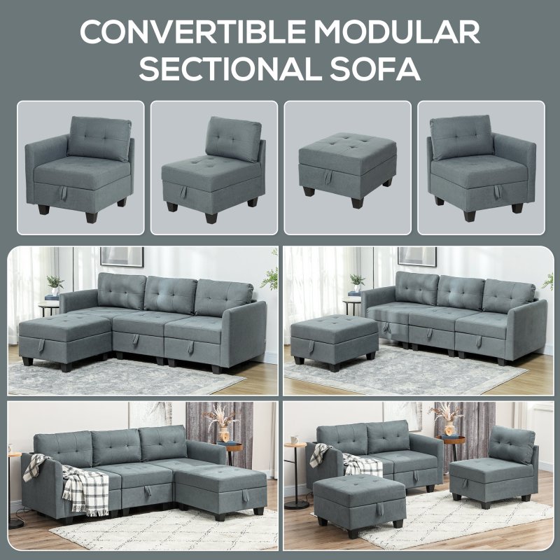 HOMCOM Convertible Modular Sectional Sofa with Storage, Tufted 3 Seater Sofa Set, L Shaped Couch with Ottoman, Wood Frame for Living Room