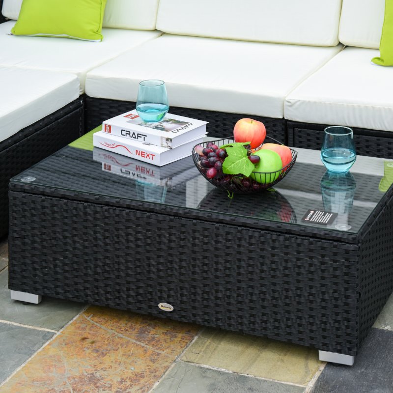 Outsunny 5 Pieces PE Rattan Garden Furniture Set with Cushions, Outdoor Corner Sofa, Patio Sectional Conversation Furniture Sets with Glass Top Coffee Table, Black