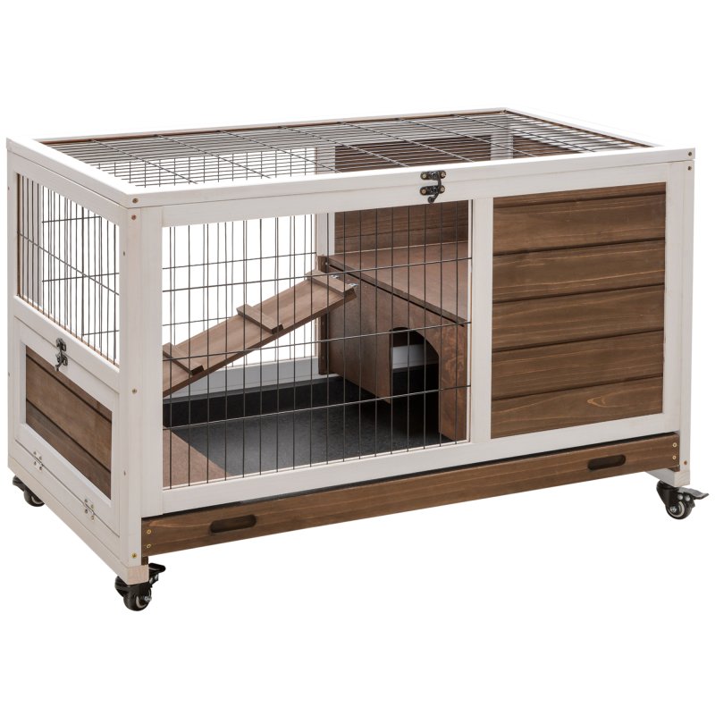 PawHut Indoor Rabbit Cages Guinea Pig Hutch, with Openable Roof, Wheels, Indoor Enclosed Run with No-Leak Tray, Brown