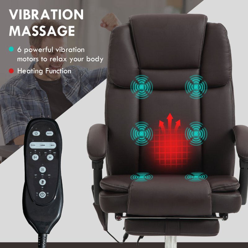 Vinsetto Office Chair with 6-point Vibration Massage and Heat, PU Leather High Back Recliner Desk Chair with Adjustable Height, Armrest, Footrest for Home, Dark Brown