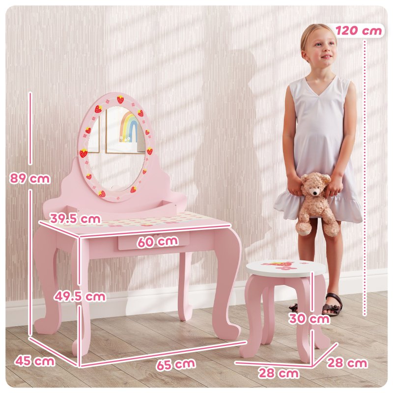 AIYAPLAY Kids Dressing Table Set, Two-Piece Children Vanity Table with Stool, Mirror, Drawer, Desktop Storage, Strawberry-Theme Makeup Desk, Chair, Pink