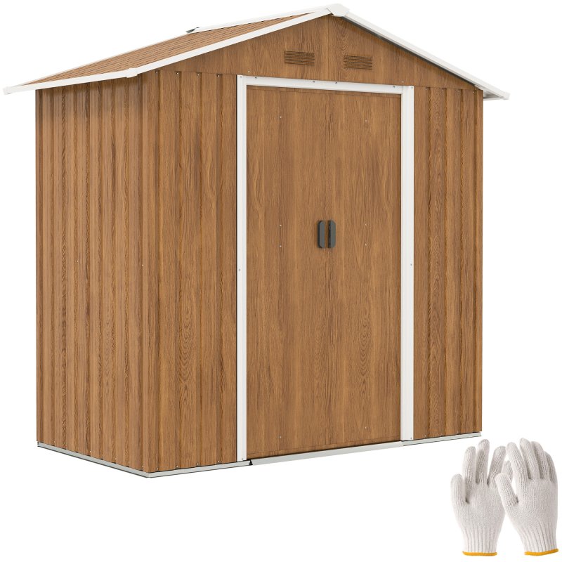 Outsunny 6.5 x 3.5ft Metal Garden Shed, Outdoor Storage Shed for Tool Organization with Double Sliding Doors and 4 Vents for Garden, Patio, Brown Wood Effect