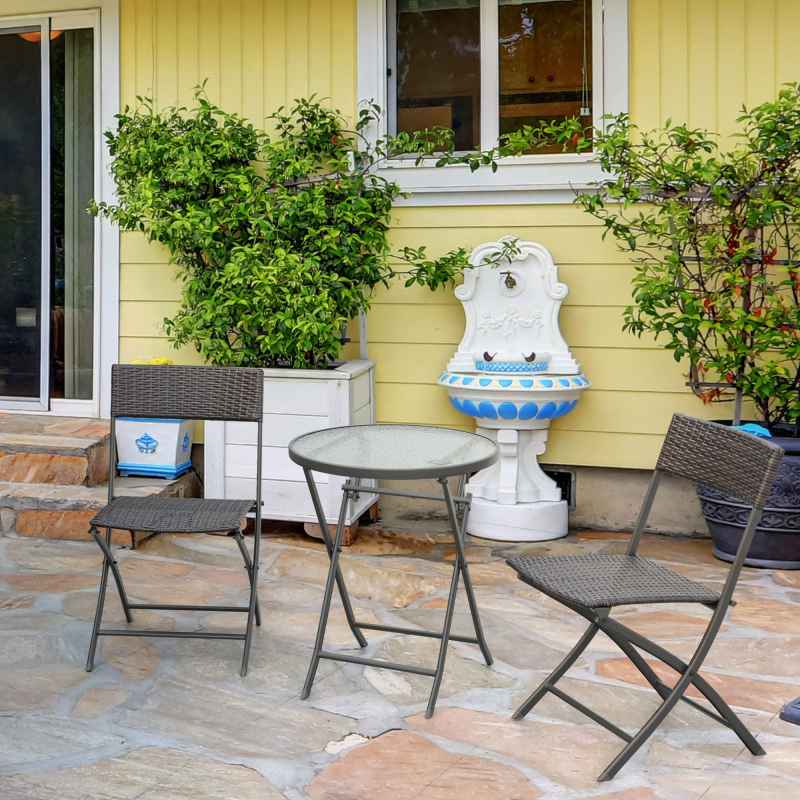 Outsunny 3 Pieces Rattan Bistro Set, Wicker Folding Garden Furniture Set with Round Glass Top Coffee Table and Chairs for Outdoor, Patio, Balcony, Brown