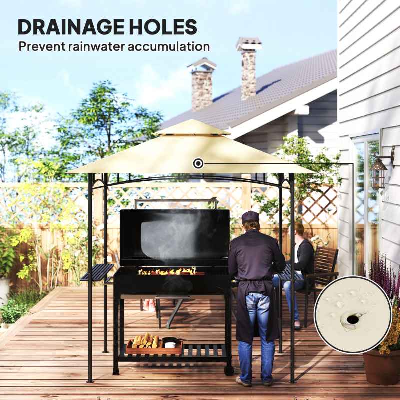 Outsunny 2.4 x 1.5 m (8' x 5') Grill Gazebo Canopy with LED Lights, Double Tiered Outdoor BBQ Gazebo Shelter with 2 Side Shelves, Storage Basket and Hooks for Garden, Barbecue, Picnic, Beige