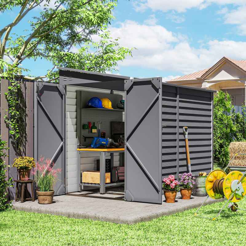 Outsunny 5 x 9ft Galvanised Metal Garden Shed with Foundation Kit, Outdoor Lean-to Shed, Tool Storage House with Lockable Doors, Gloves and 2 Air Vents for Patio, Garden, Grey