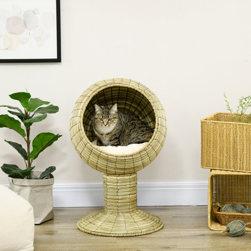 PawHut Raised Cat House, Natural Mat Grass Cat Bed, Kitten Cave with Cushion, Detachable Top, Yellow, 41x 69 cm