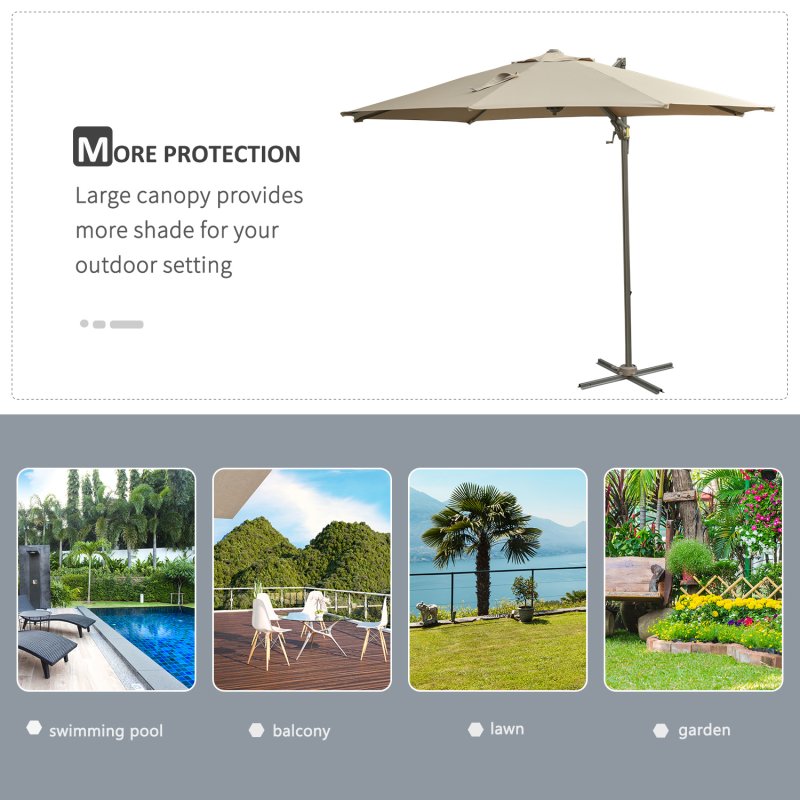 Outsunny 3(m) Cantilever Parasol 360 Rotation Roma Umbrella Hanging Sun Shade with Aluminium Frame, Tilt Crank, 8 Ribs and Cross Base, Khaki