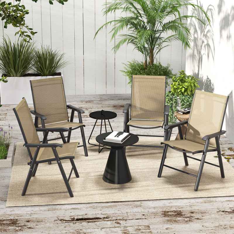 Outsunny Set of 4 Folding Garden Chairs, Metal Frame Garden Chairs Outdoor Patio Park Dining Seat with Breathable Mesh Seat, Light Brown