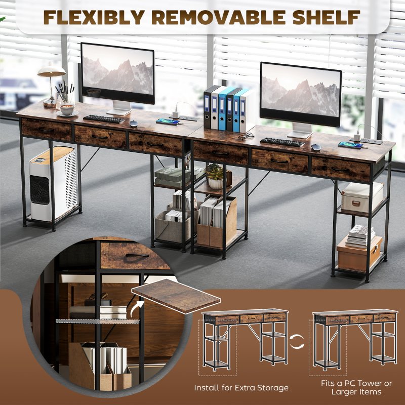 HOMCOM Computer Desk with Power Outlets, 120cm Home Office Desk with 3 Fabric Drawers and 4 Storage Shelves, Study Table Workstation for Bedroom
