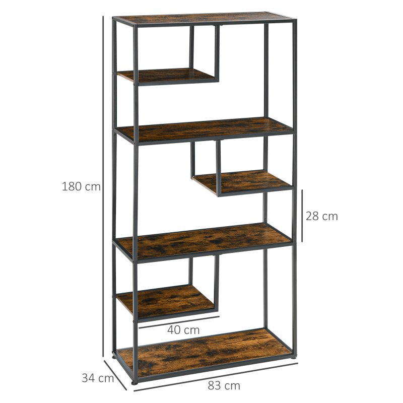HOMCOM 6 Tier Bookcase, Industrial Display Shelf, Standing Storage Shelf, 34x83x180cm for Study, Office, Living Room, Bedroom, Rustic Brown and Black