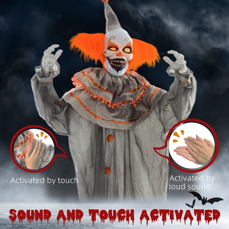 HOMCOM 183cm Orange Classic Clown Outdoor Halloween Decoration, Halloween Animatronic with Sound Activated, Light Up Eyes, Sound Effects, Animated Prop for Haunted House
