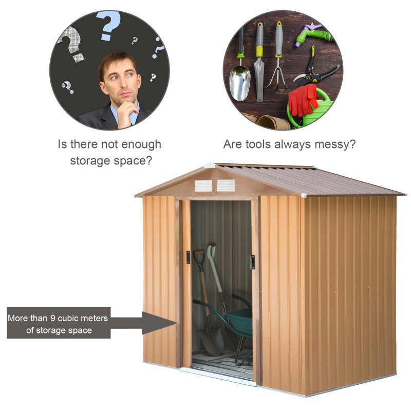 Outsunny 9 x 6FT Outdoor Garden Roofed Metal Storage Shed Tool Box with Foundation Ventilation & Doors Khaki