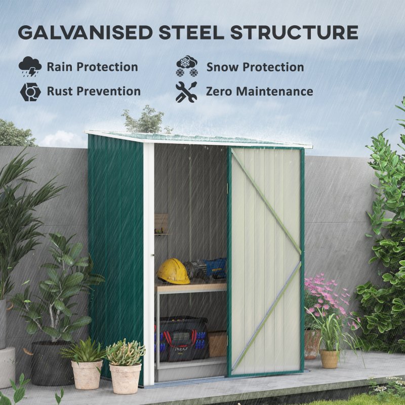 Outsunny 5ft x 3ft Lean to Garden Shed, Metal Outdoor Storage Shed with Single Lockable Door, Tool Storage Shed for Garden, Patio, Green