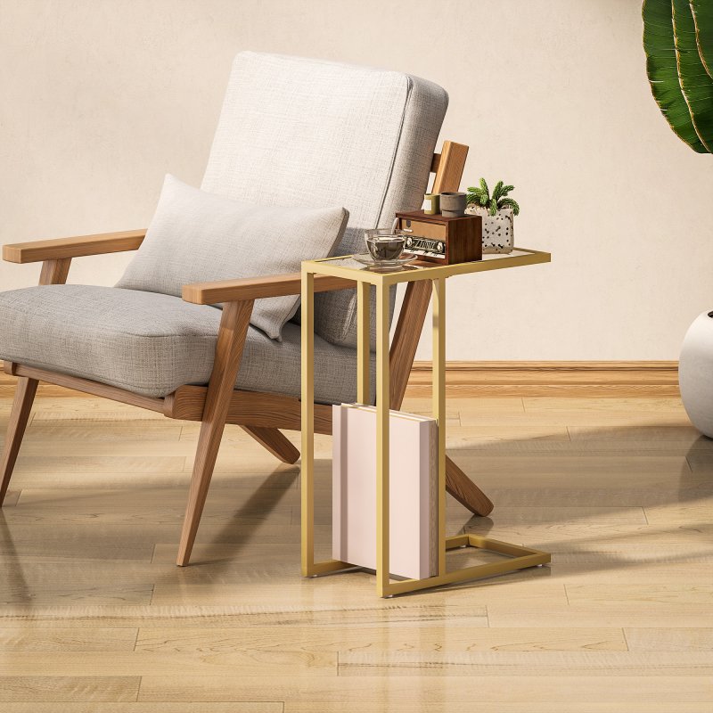HOMCOM C-Shaped Side Table, Modern Slim End Table with Tempered Glass Tabletop, Steel Frame for Small Space, Living Room, Bedroom, Gold Tone