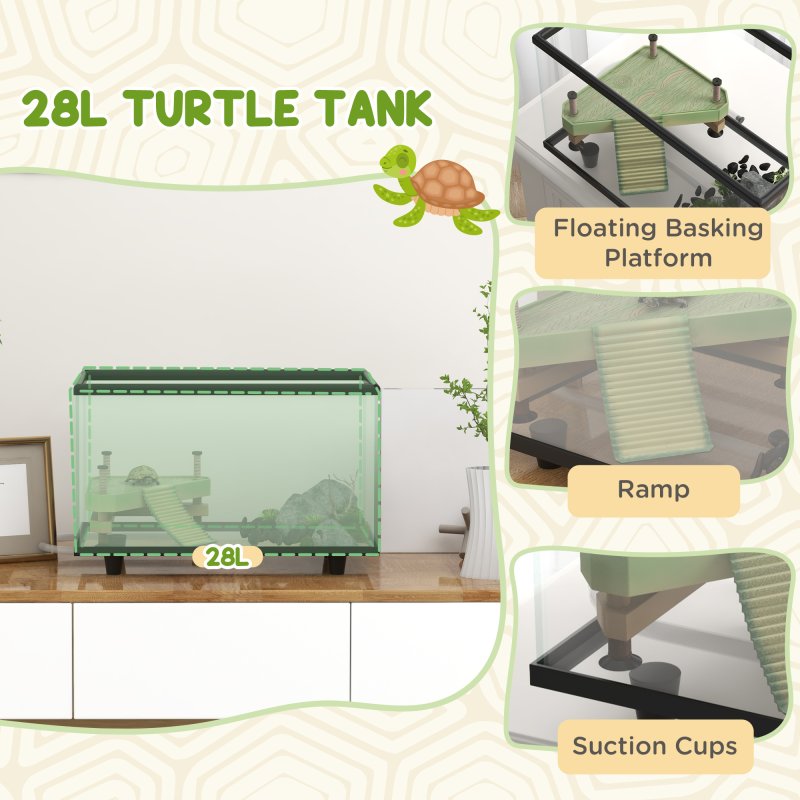 PawHut Turtle Tank, 28L Glass Turtle Aquarium with Basking Platform, Ramp, Easy Drainage, Strip Patch Thermometer, for Small Turtles, 45 x 25 x 29cm