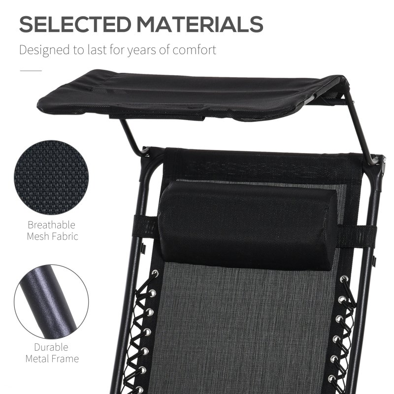 Outsunny Foldable Reclining Garden Chair with Headrest, Zero Gravity Deck Sun Lounger Seat Chair with Footrest, Armrest, Cup Holder & Canopy Shade, Black