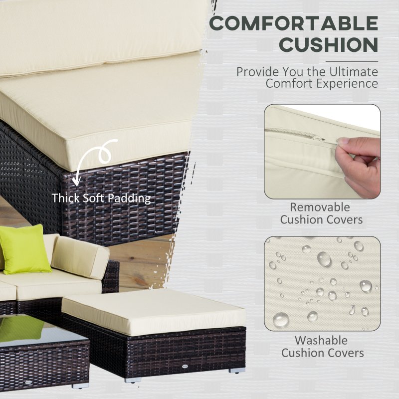 Outsunny 6 Pieces Rattan Garden Furniture Set, 5 Seater Garden Sofa Set with Thickened Cushions, Glass Top Coffee Table and Ottomans, Outdoor Sectional Conservatory Furniture with Pillows, Brown