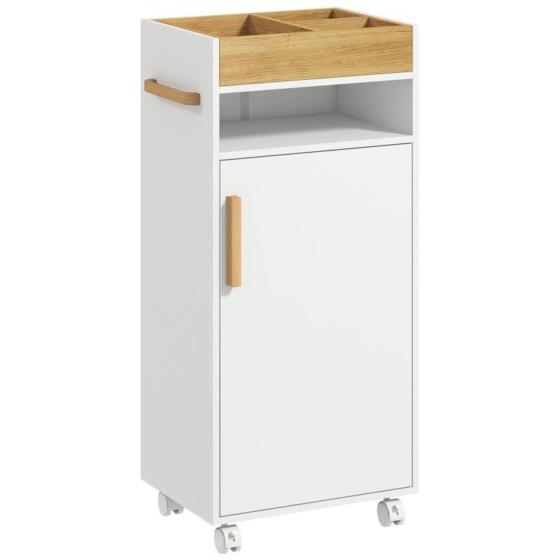 kleankin Bathroom Cabinet with Wheels, Bathroom Storage Cabinet with Cushioned Door, Removable Tray, Open Compartment and Adjustable Shelves for Washroom, White
