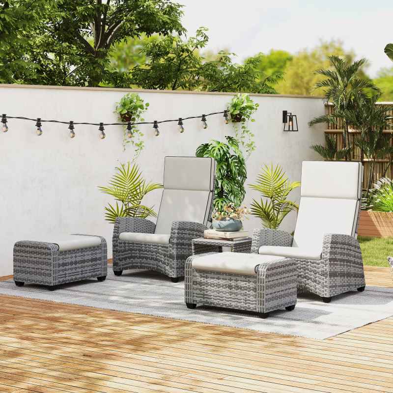 Outsunny 5 Pieces PE Rattan Garden Furniture Set, Wicker Outdoor Furniture Set with Reclining Chairs, Coffee Table, Footstools and Thick Cushions for Balcony, Patio, Grey