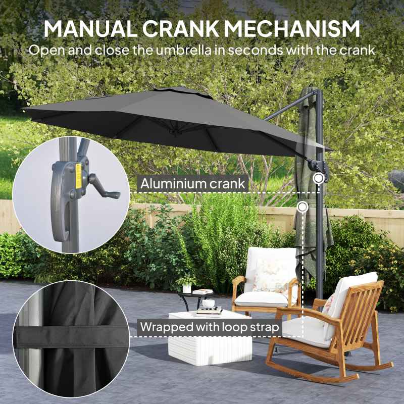 Outsunny 3 x 3(m) Cantilever Parasol with Cross Base, Garden Umbrella with 360 Rotation, Crank Handle and Tilt for Outdoor, Patio, Black