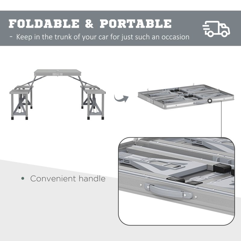 Outsunny Folding Picnic Table with 4 Seats and Umbrella Hole, Aluminium Frame Portable Camping Table Set for Patio, Porch, Garden, Grey
