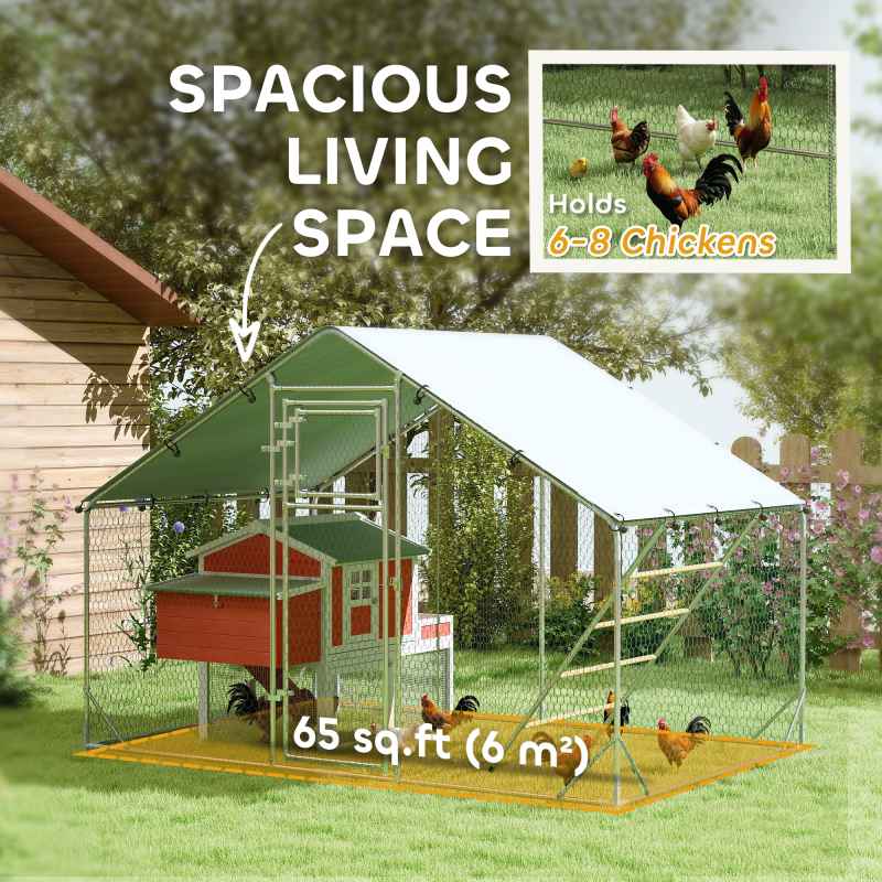 PawHut Walk-in Chicken Run, Galvanised Chicken Coop with Water-Resistant and UV-Resistant Cover, Feeding Door, Hanging Feeder, Perch, Hen Poultry House, for 6-8 Chickens, Ducks, Rabbits, Geese