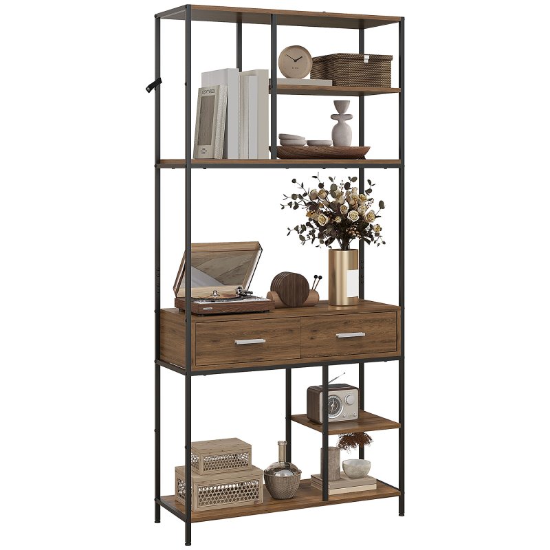 HOMCOM 5 Tier Bookcase, Industrial Book Shelf with 2 Drawers and Metal Frame, Bookshelf for Home Office, Study, Living Room, Brown