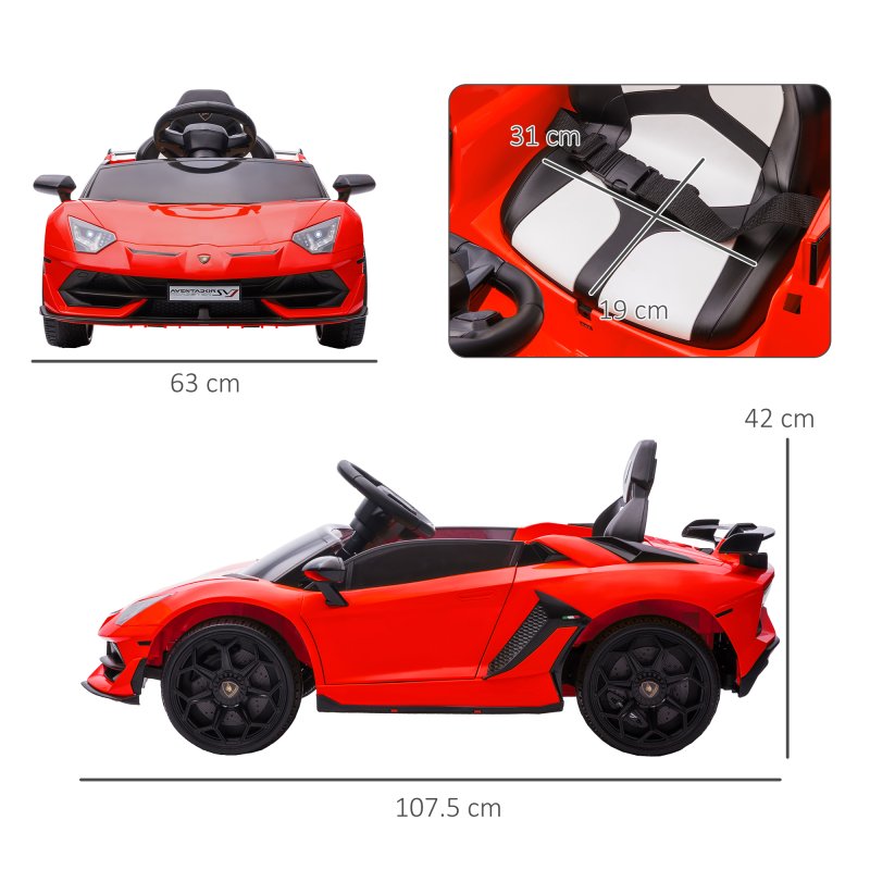 HOMCOM Lamborghini Aventador Licensed Kids' Electric Ride-on with Remote Control, 12V Powered Electric Car for Kids with Butterfly Doors, Auxiliary wheels, Music, Horn, Suspension - Red