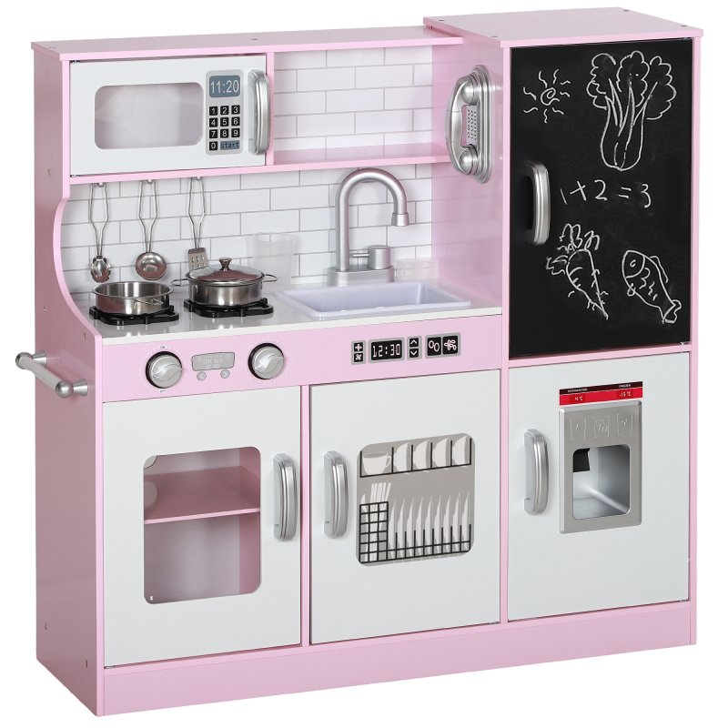 AIYAPLAY Play Kitchen, Kids Kitchen Playset Toy with Chalkboard, Toy Phone, Microwave, Ice Maker, Cooking Stoves, Sink, for Boys Girls Ages 3-8 Years, Pink
