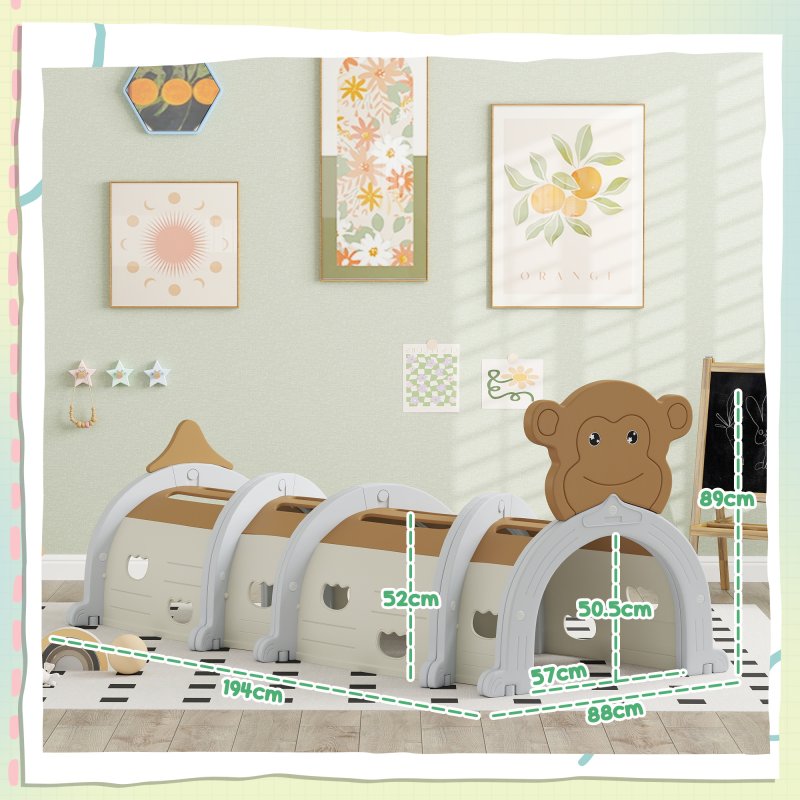 AIYAPLAY Play Tunnel, Kids Tunnel for Crawl and Climb, Monkey Design Kids Play Tunnel, Indoor, Outdoor Baby Tunnel for Ages 3-6 Years, Brown