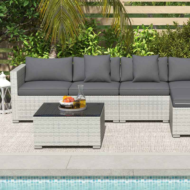 Outsunny 6 Pieces Rattan Garden Furniture Set, 5 Seater Sectional Garden Corner Sofa Set with Glass Top Coffee Table, Cushions and Pillows, All-Weather Wicker Conversation Furniture, Mixed Grey