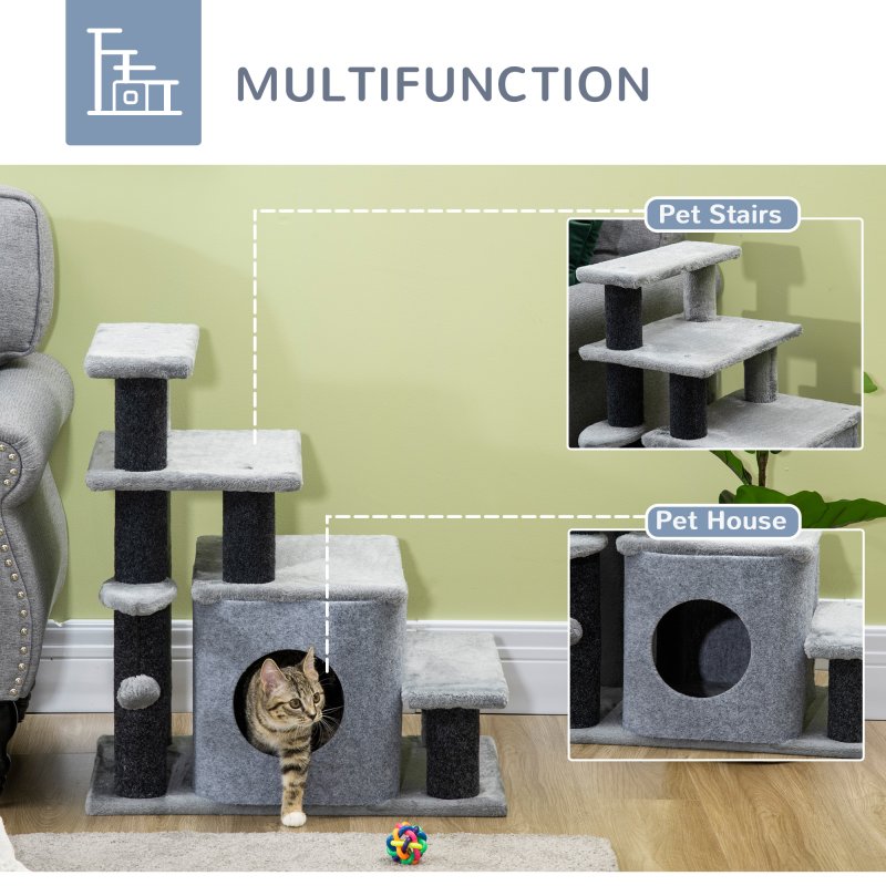 PawHut Dog Steps for Bed, 4 Step Pet Stairs with Cat House, Detachable Cover, Jute Scratching Post, Cat Climb ladder for Sofa w/ Hanging Balls  - Grey