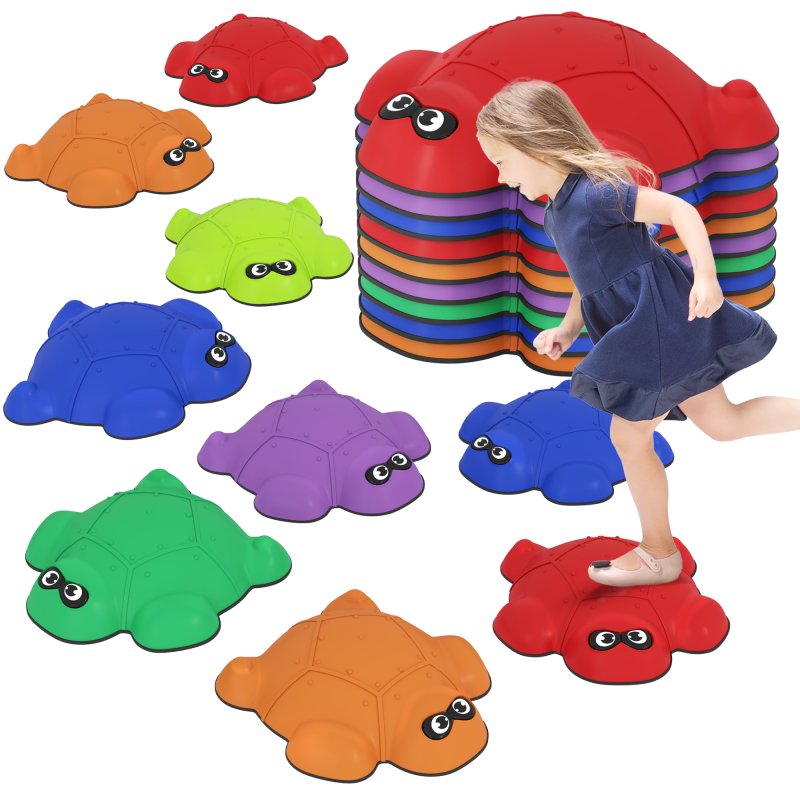 AIYAPLAY Balance Stepping Stones, 9-Piece Turtle-Shaped Stackable River Stones with Non-Slip Edge, Indoor Outdoor Obstacle Course for Kids Age 3-8 Years, Multicoloured
