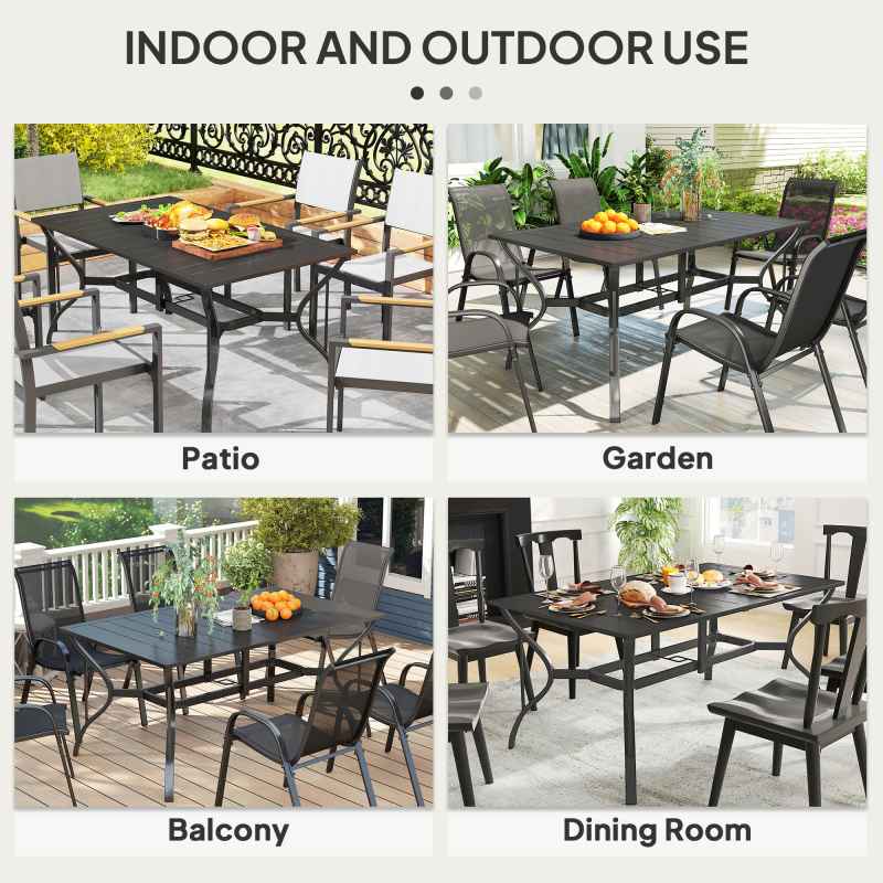 Outsunny Rectangle Garden Table with Parasol Hole, Outdoor Dining Table for 6, Patio Table with Steel Frame and Slat Tabletop for Balcony, 150cm x 90cm, Black