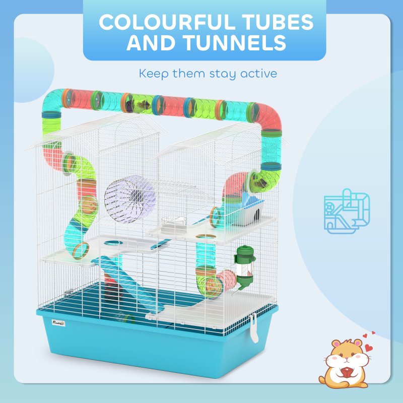 PawHut 4 Tier Hamster Cage with Tube, Exercise Wheel, Hut, Water Bottle, Food Dish, Ramps, DIY Design, Large Hamster Cage for Dwarf, Light Blue