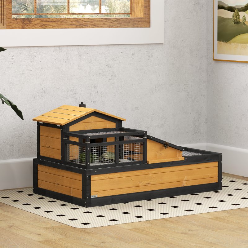 PawHut Tortoise House 3-Room Wooden Tortoise Enclosure Large Reptile Cage with 2 Stories, Ladder, Balcony, Tray, Openable Roof, 60H x 112L x 65Wcm, Yellow