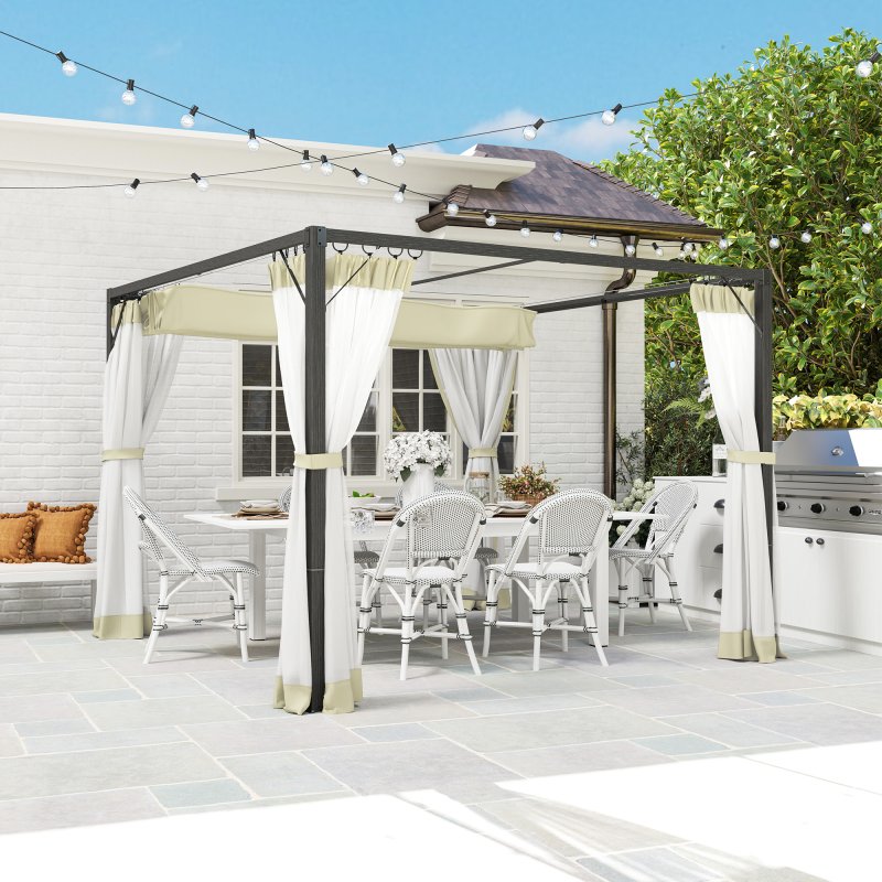 Outsunny 3 x 3 m Pergola with Retractable Roof Canopy and Netting Sidewalls, Aluminium Frame Garden Gazebo Outdoor Sun Shade Shelter for Grill, Patio, Deck, Khaki