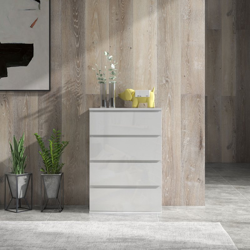 HOMCOM High Gloss Chest of Drawers, Modern 4 Drawer Dresser with Soft Closing Mechanism for Bedroom, White