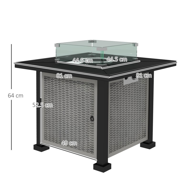 Outsunny Square Propane Gas Fire Pit Table, 50000 BTU Rattan Smokeless Firepit Patio Heater with Glass Screen, Glass Beads and Lid, 81cm x 81cm x 64cm, Grey