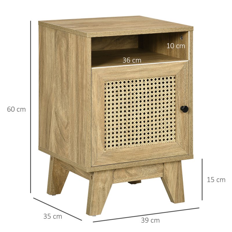 HOMCOM Bedside Table Nightstand with Storage Shelf and Door Cupboard, Side End Table with  Rattan Element for Living Room, Bedroom, Natural