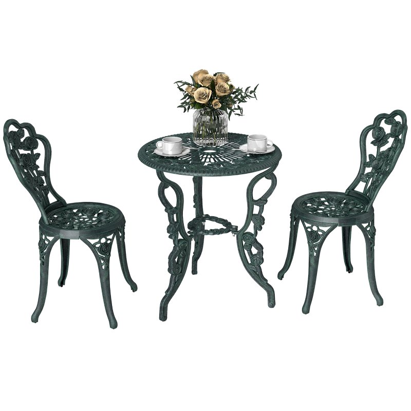 Outsunny Garden Bistro Set with Umbrella Hole, 3 Piece Cast Aluminium Garden Furniture Set, Antique Floral Round Coffee Table and Chairs, Small Balcony Furniture for Outdoor, Patio, Green