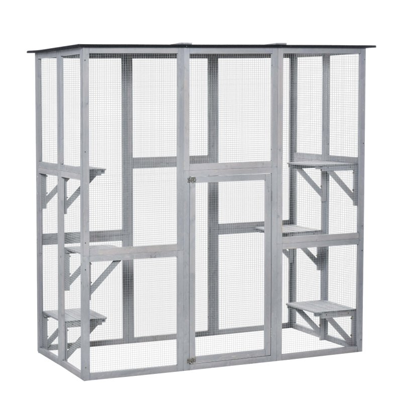 PawHut Large Outdoor Cat House, Walk-in Cat Enclosure, Wooden Catio with 6 Jumping Platforms, Waterproof Asphalt Roof