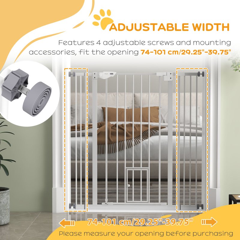 PawHut Extra Tall Dog Gate with Cat Flap, Pet Safety Gate for Doorways Stairs with Auto Close Double Locking, 104 cm Tall 74-101 cm Wide, White