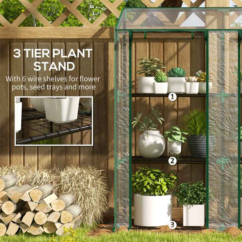 Outsunny 3 Tier Lean-to Mini Greenhouse with Reinforced Plastic Cover, Portable Indoor Outdoor Green House with 2 Roll-up Doors and 6 Wire Shelves, 151H x 143W x 46Dcm, Clear