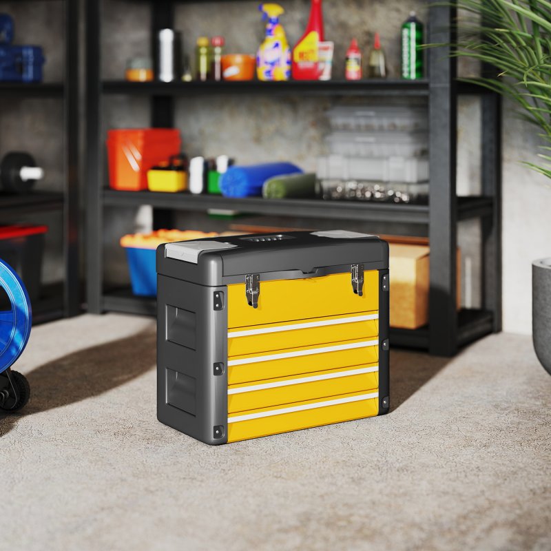 HOMCOM 4 Drawers Large Tool Box, Powder Coated Steel Toolbox with Top Tray, Mini Parts Boxes, Ball Bearing Runners, Handle, Heavy Duty Tool Chest for Workshop, Garage, 497mm x 253mm x 407mm, Yellow