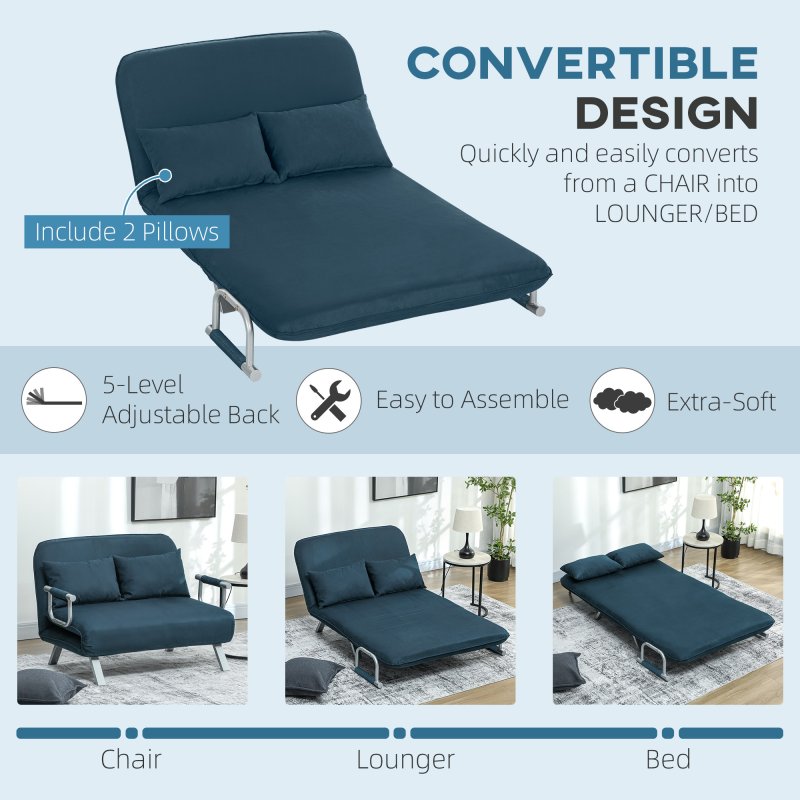 HOMCOM 2 Seater Sofa Bed, Click Clack Convertible Bed Settee, Modern Velvet Feel Fabric Sofa with 2 Cushions for Living Room, Bedroom, Guest Room, Navy Blue