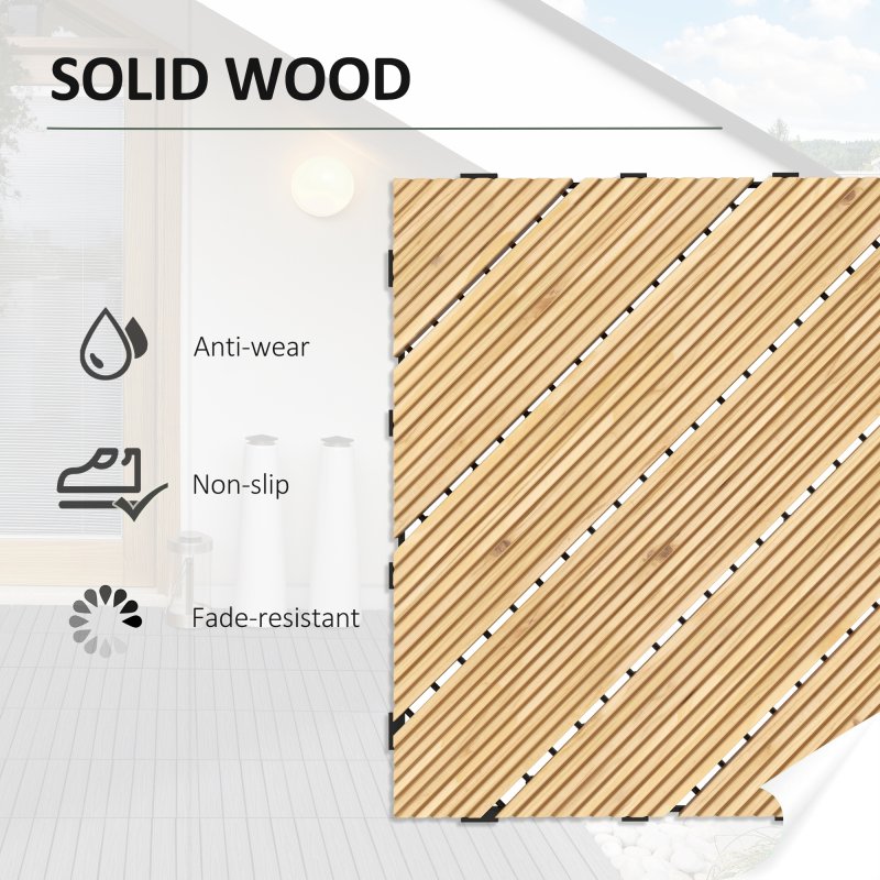 Outsunny 9 Pcs Wooden Interlocking Decking Tiles, 30 x 30 cm Anti-slip Outdoor Flooring Tiles, 0.81m² per Pack, All Weather Use for Patio, Balcony, Terrace, Hot Tub, Yellow