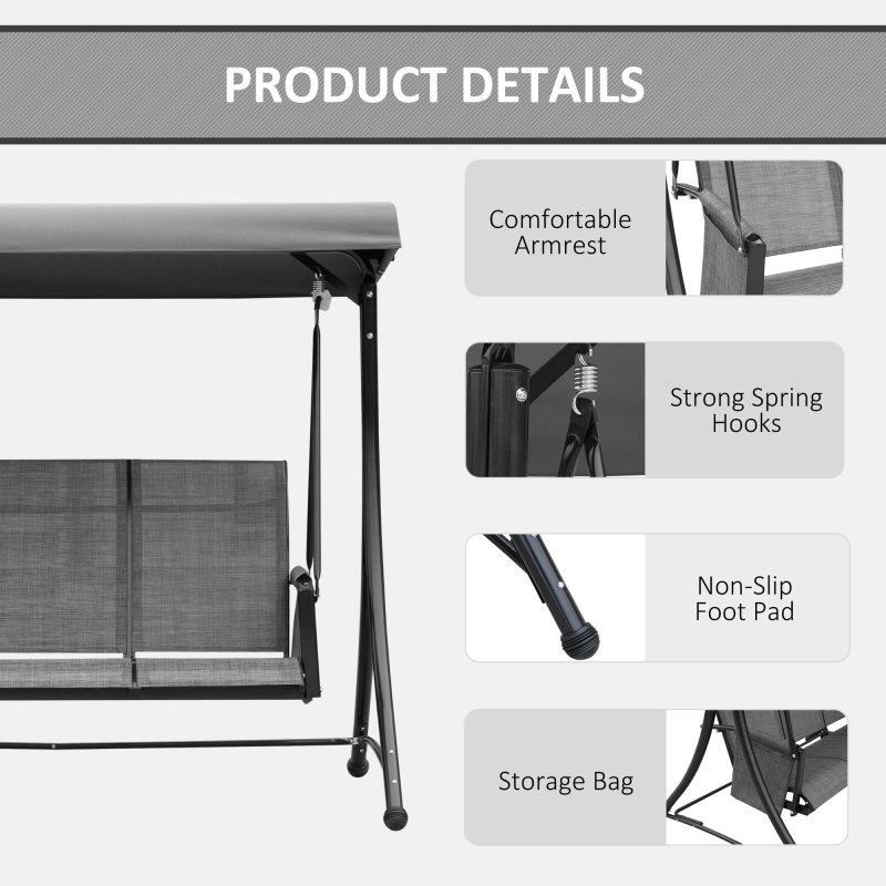 Outsunny 3 Seater Garden Swing Seat Outdoor Swing Chair with High Back Design, Steel Frame, Side Pouches, Adjustable Canopy, Charcoal Grey